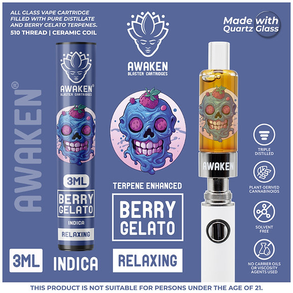 Awaken® Vape Blaster Cartridges 3ml - Berry Gelato (Indica)